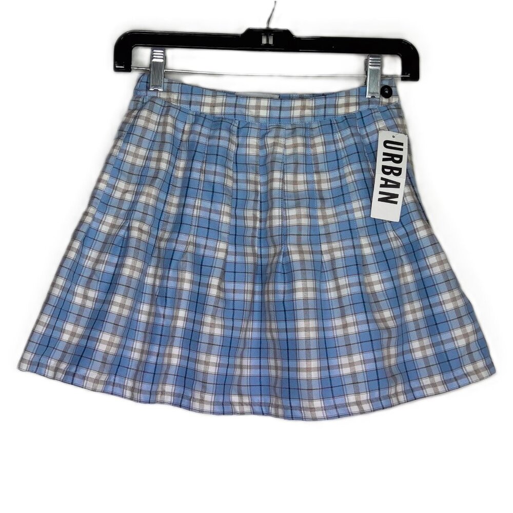 NWT Urban Outfitters Plaid Mini Skirt Blue Taupe & White Schoolgirl Poetcore  XS